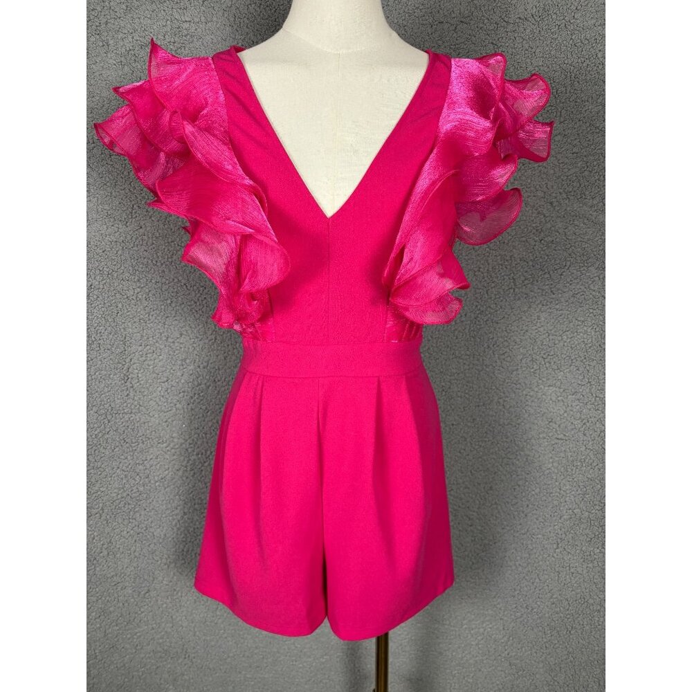 WDIRARA Women's Mesh Layered Ruffle Sleeve V Neck Pleated Romper Small Pink NWTs